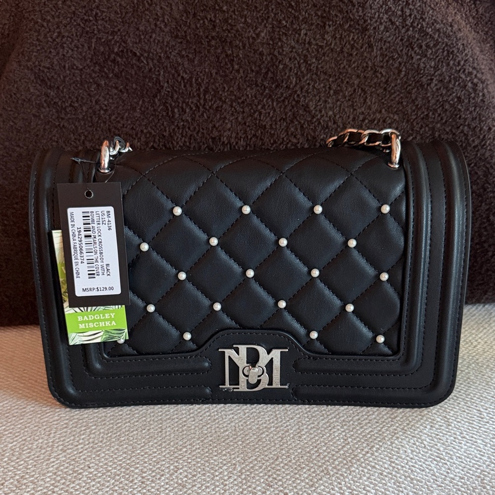 Badgley Mischka Black Quilted Crossbody with Pearl Studs and Silver Chain